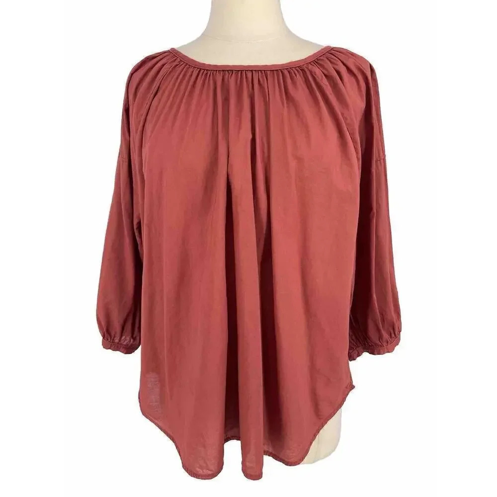 Everlane Ruched Air Blouse Womens Size 10 Burnt Sienna 3/4 Sleeve 100% Cotton